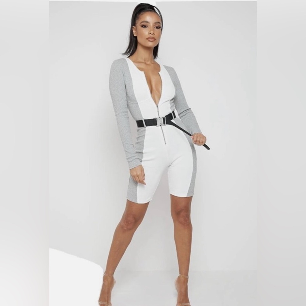 Maniere De Voir JUMPSUIT Ribbed One Piece Long Sleeves (Iced Grey/White) Size 10